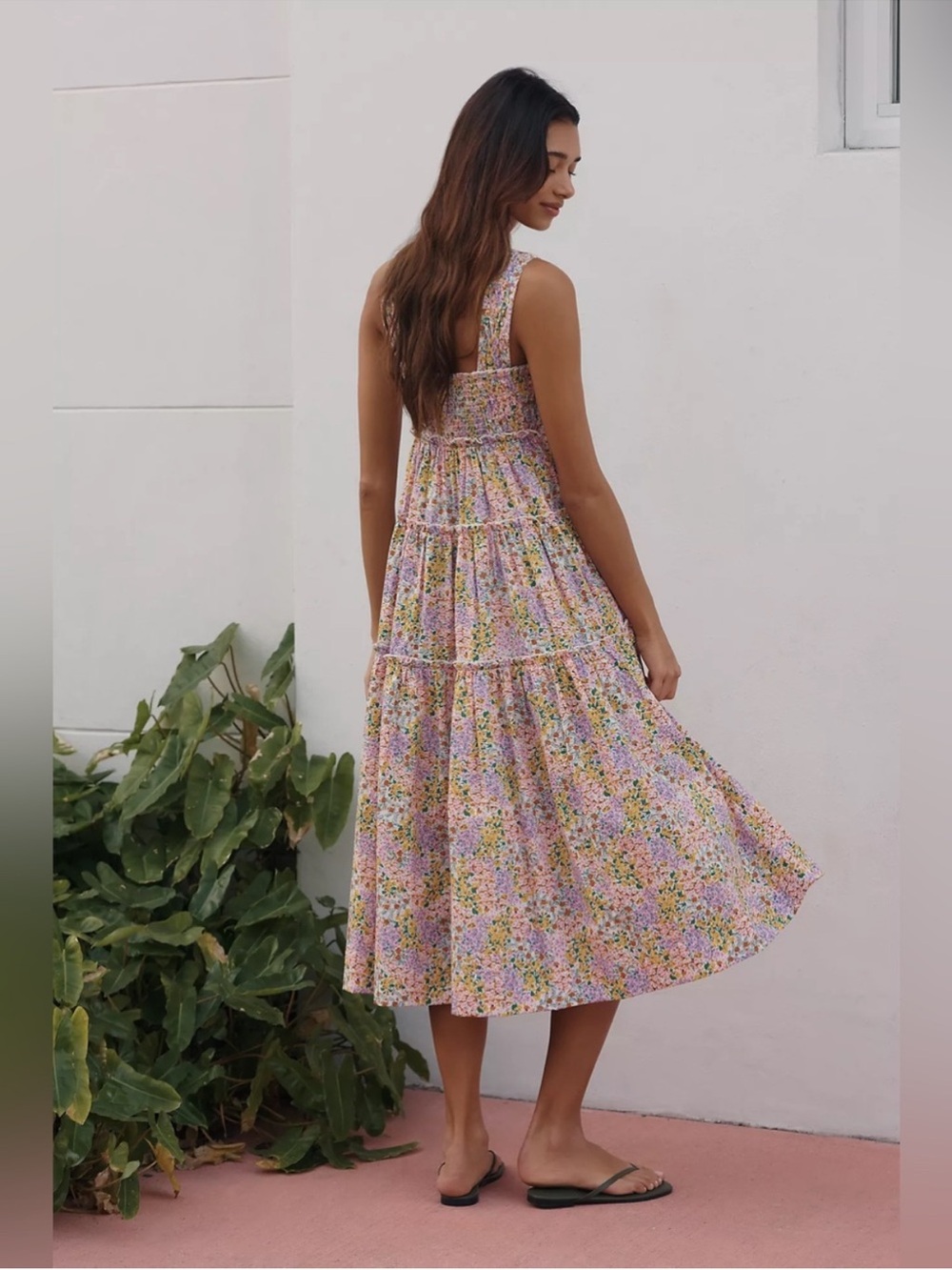 NWOT Anthropologie Helena Floral Smocked Midi Dress Pink Sz Large Cottagecore - Picture 2 of 5